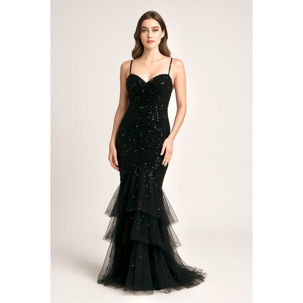 Black Sequin Mermaid Coquette Glam Barbie Gown Layered Tulle Hem XS 0/2 Sexy